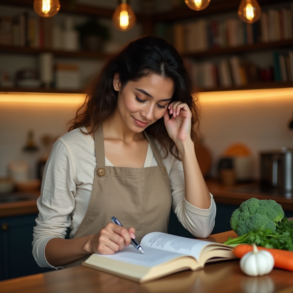 A curious home cook reading at a kitchen counter surrounded by fresh vegetables and open books