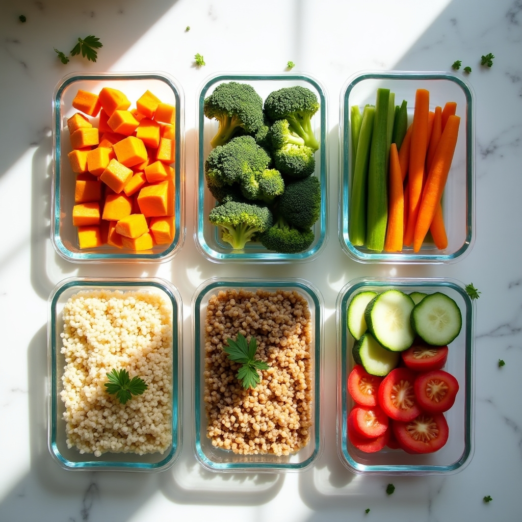Overhead view of organized meal prep containers with colorful vegetables, grains, and proteins arranged on a clean white surface